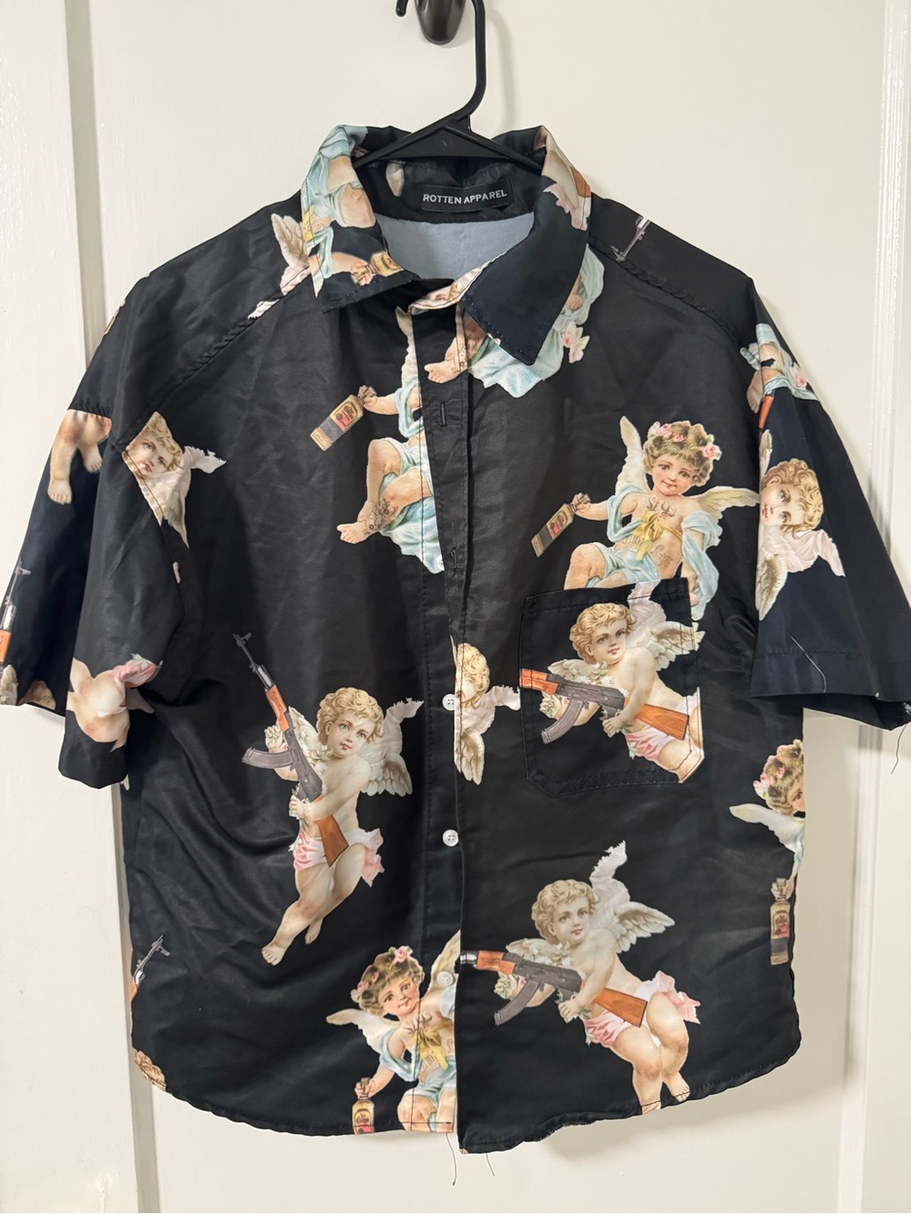 Black Cherub Print Short-Sleeve Shirt